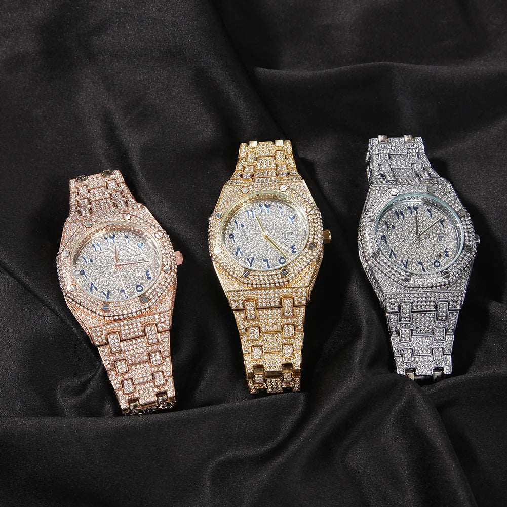 UWIN Hip Hop Stainless Steel Wristwatches for Men Full Iced Out Stones Fashion Luxury Zircon Quartz Square Watches for Gift