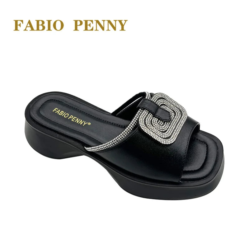 FABIO PENNY2026 new solid-color exquisite water diamond design thick-soled women's fashionable slippers and party sandals
