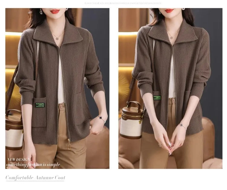 Knitted Cardigan Jacket Women Zipper Lapel Sweater Autumn Winter Outerwear
