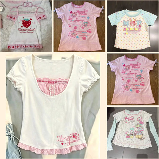 Japanese Kawaii Soft Girl Short Sleeve Top Women Sweet Lace Bow Blouse Y2K Harajuku Summer Cute Daily Wear Outfit