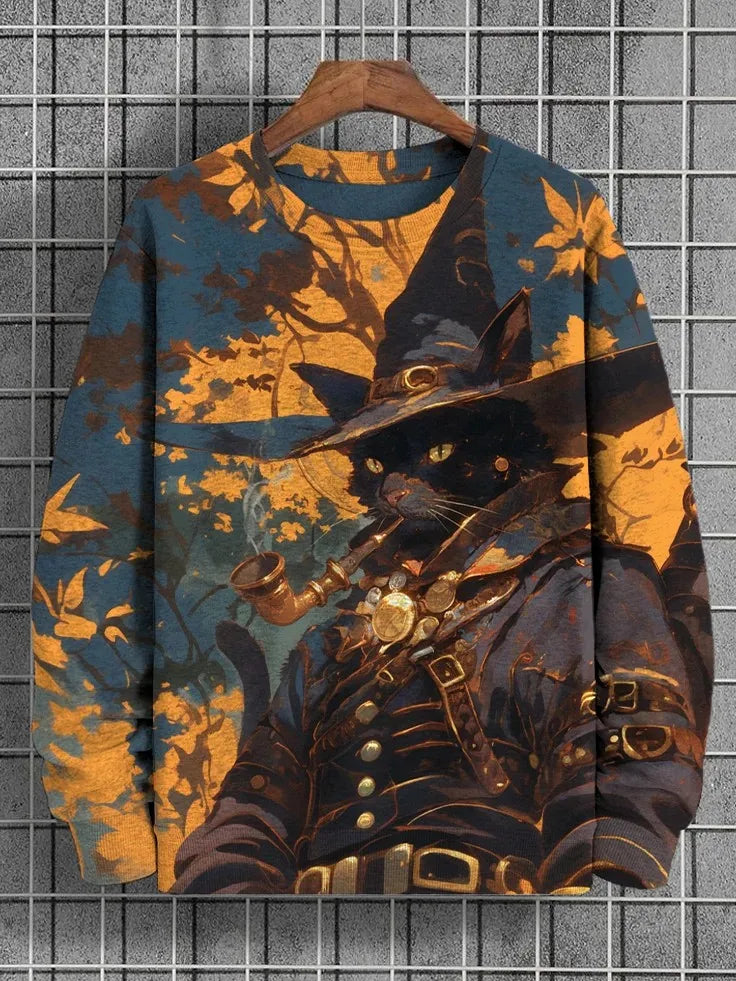 Japanese Fashion Men's Sweatshirt Funny Animal Graphic Ukiyo-e O-Neck Pullover Casual Pullover Tops Regular Fit Polyester Shirt