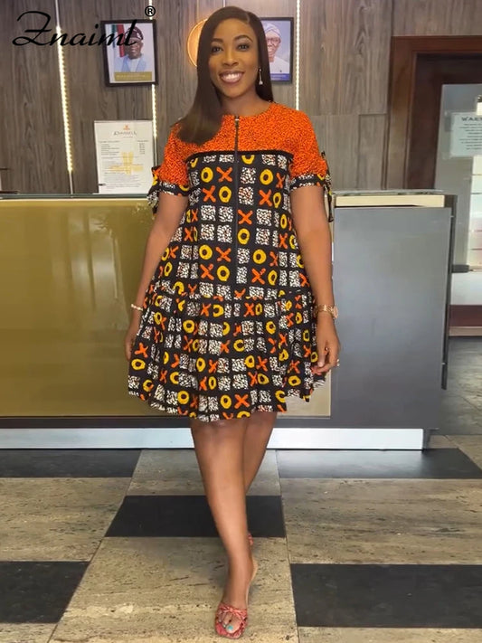 Elegant Indie Folk African Orange Mid Dresses Women A-line O-Neck Short Sleeve Loose Print Dashiki Ankara Birthday Festival Robe