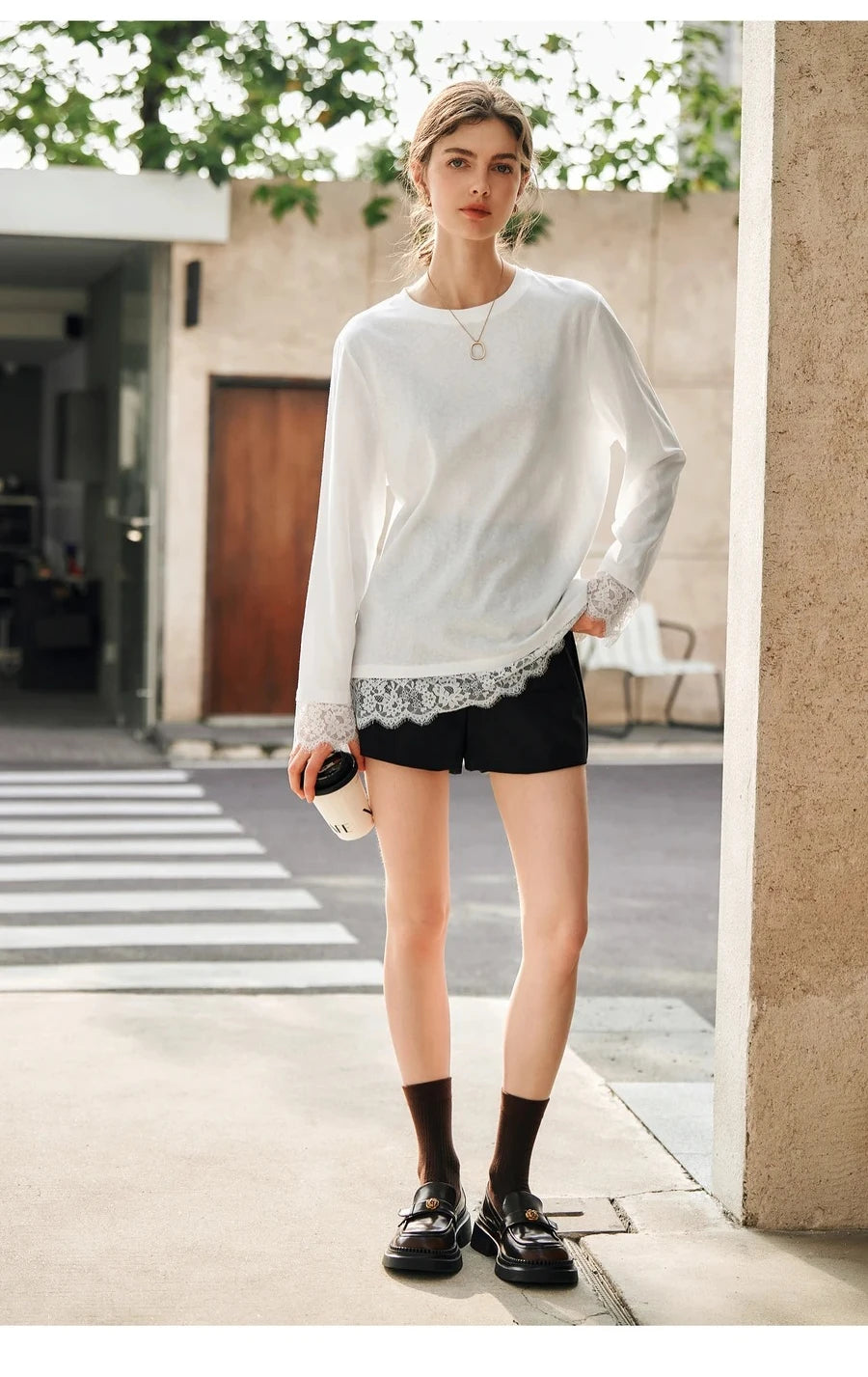 OLrain Cotton White T-shirt Women 2026 Autumn Casual Loose Tee Shirt Crewneck Lace Long Sleeve Tops Woman Clothing N57CT95669