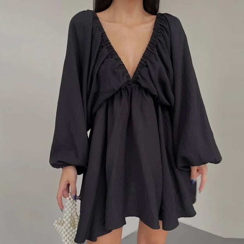NHKDSASA Women Elegant Solid Loose Dress Summer Casual Long Sleeve Ruffle Dress Ladies Fashion V Neck A-line Party Dress Vestido