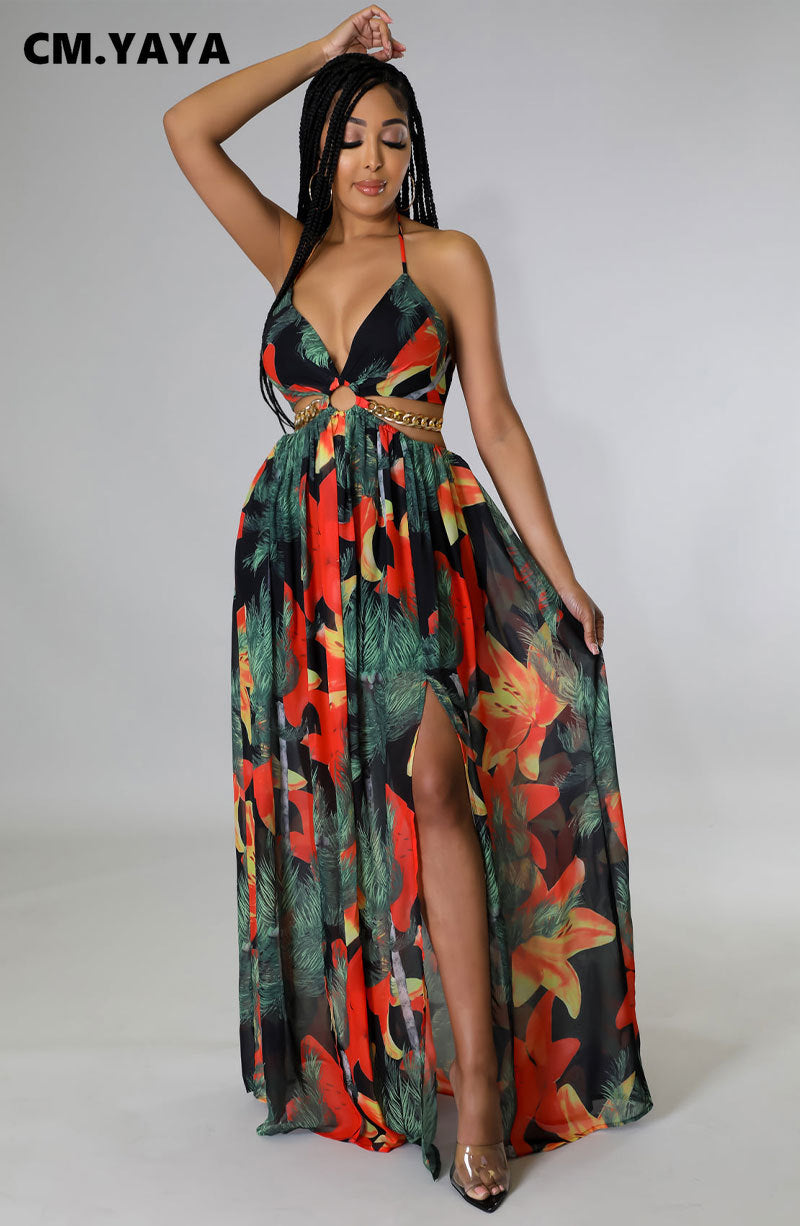 CM.YAYA Elegant Women Floral Halter V-neck Backless Cut Out Waist Chain Sleeveless High Side Split Fit Flare Maxi Long Dresses
