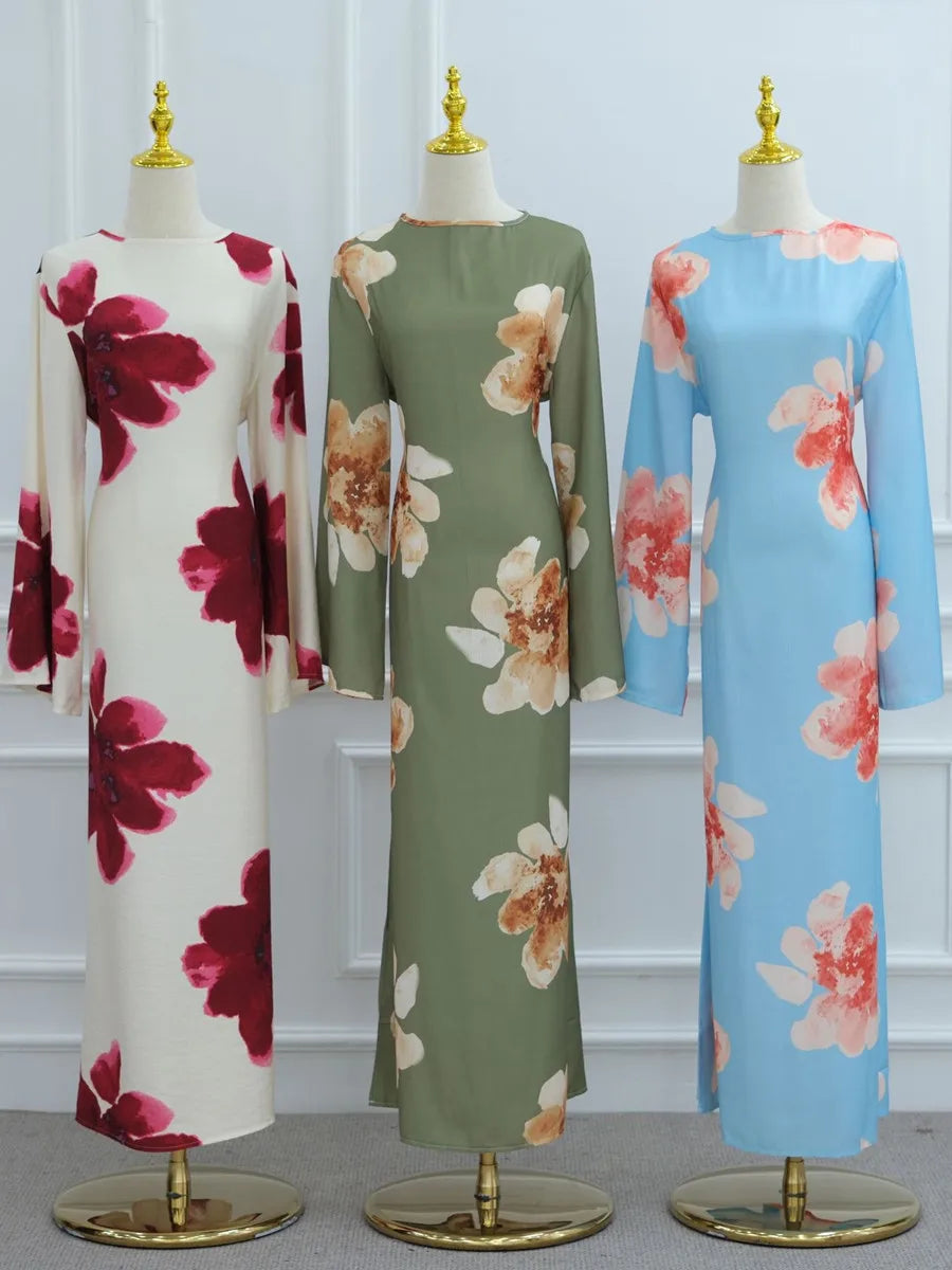 Women Arabic Eid Muslim Dubai Abaya Dress Luxury Fashion Flower Print Long Dress Kaftan Robe Femme African Islam Clothing Kebaya