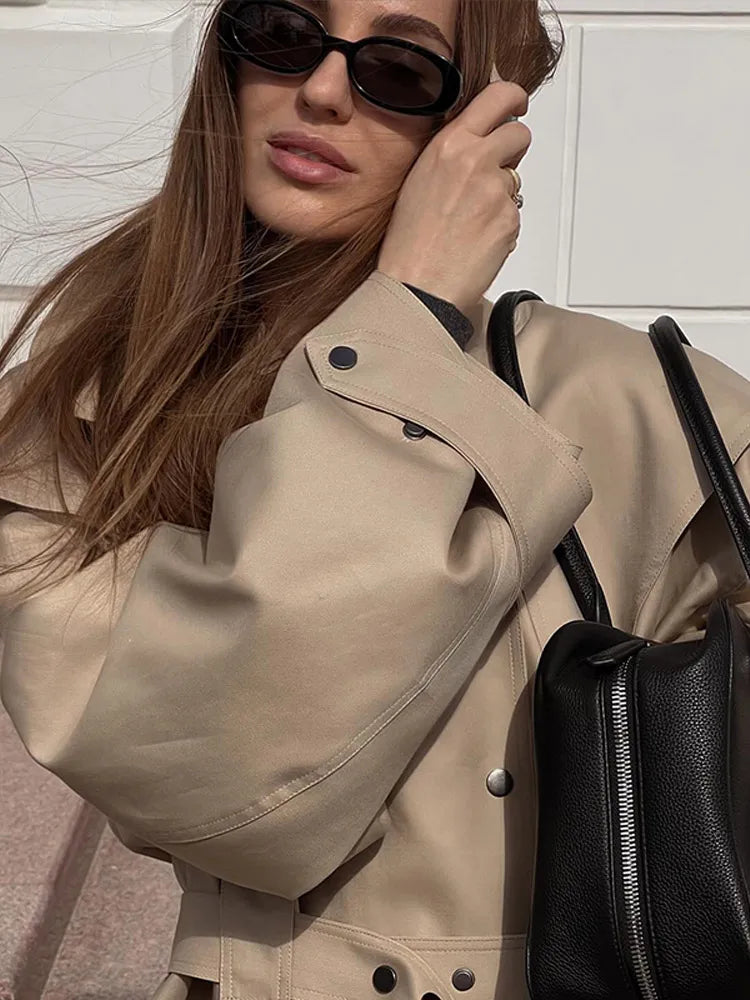Solid Oversized Tie-waist Cropped Trench Coat Women Drop Shoulder Outerwear 2026 Lady Spring Modern Edgy Fashion Streetwear Coat