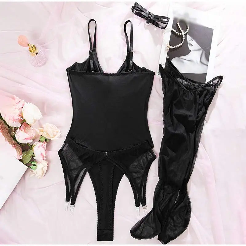 Sexy Bodysuit Set Tight Fitting Hot Girl Jumpsuit Highlight Body Shape Temptation Four Piece Set With Stockings Ballroom Attire