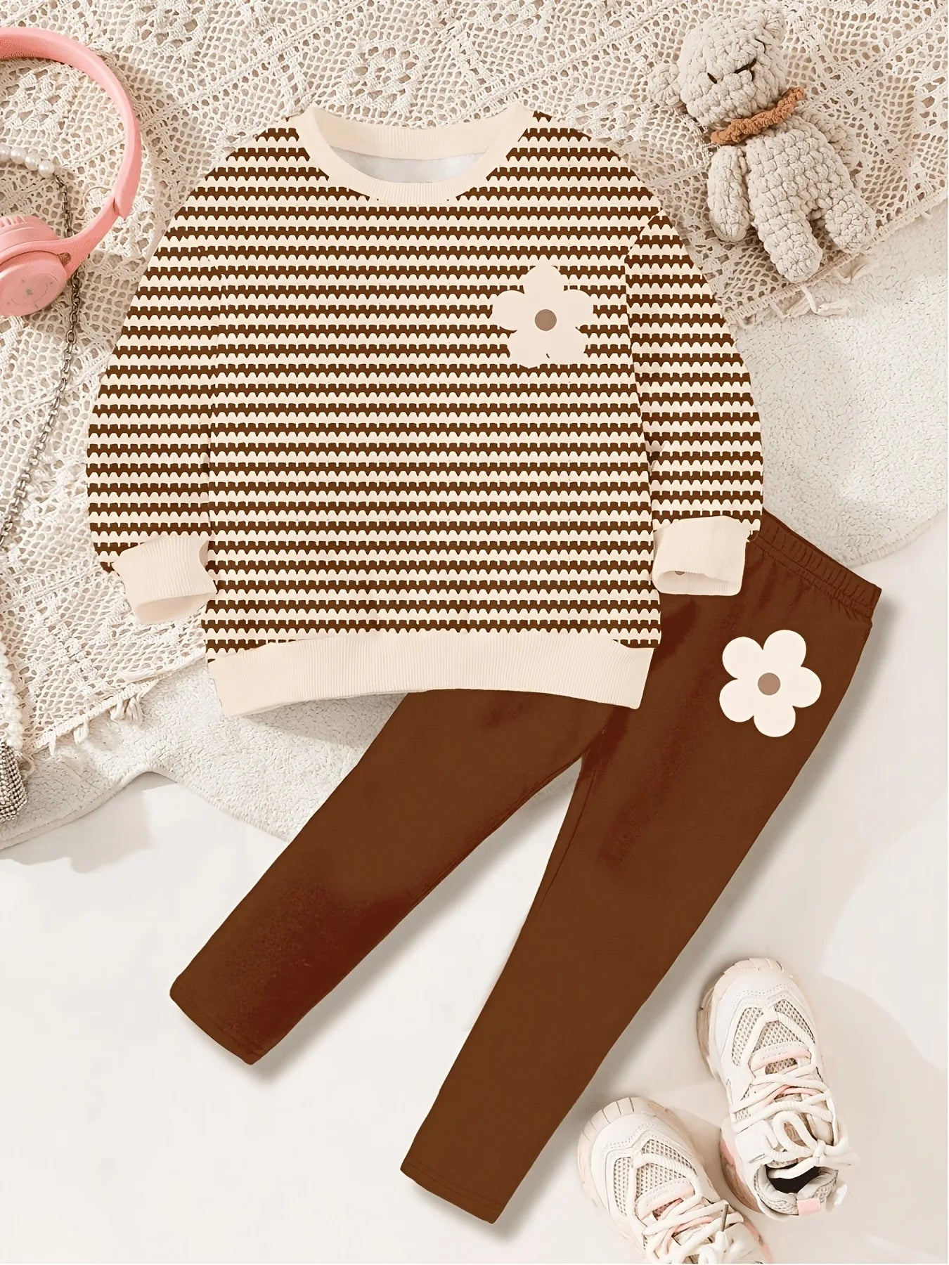 Kids Girls 2-Piece Casual Set, Brown & White Wavy Striped Flower Print Sweatshirt + Solid Brown Leggings Loungewear Outfit