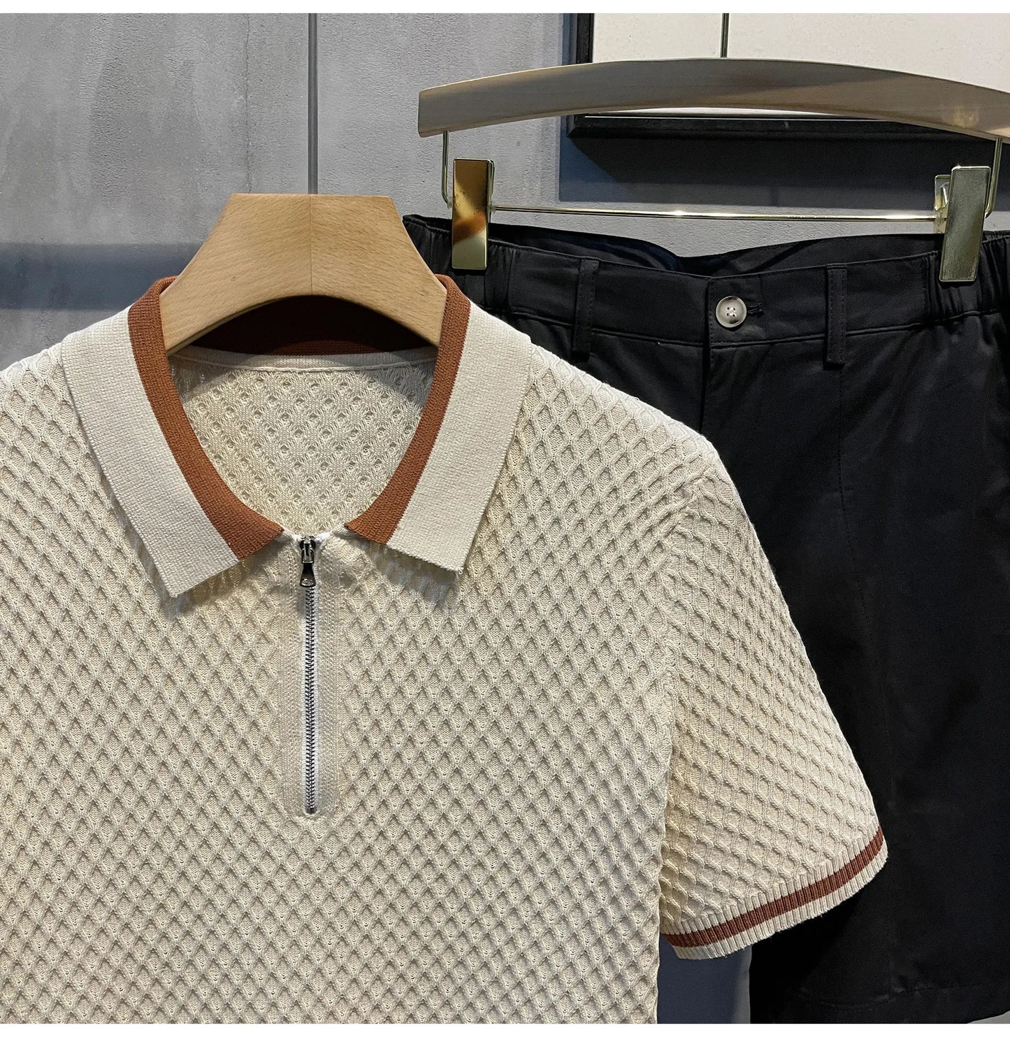 2026 Men's Casual V-Neck Knitted Jacquard Polo Shirt Solid Color Short Sleeve Solid Color Shirt Breathable Luxury Clothing B24