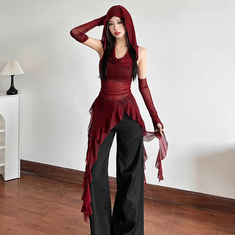 Streetwear 90s Grunge Mesh See Through Hooded Tops Cyber Y2K Irregular Hem Ruffles Hoodie Women Slim Blouse with Cuffs