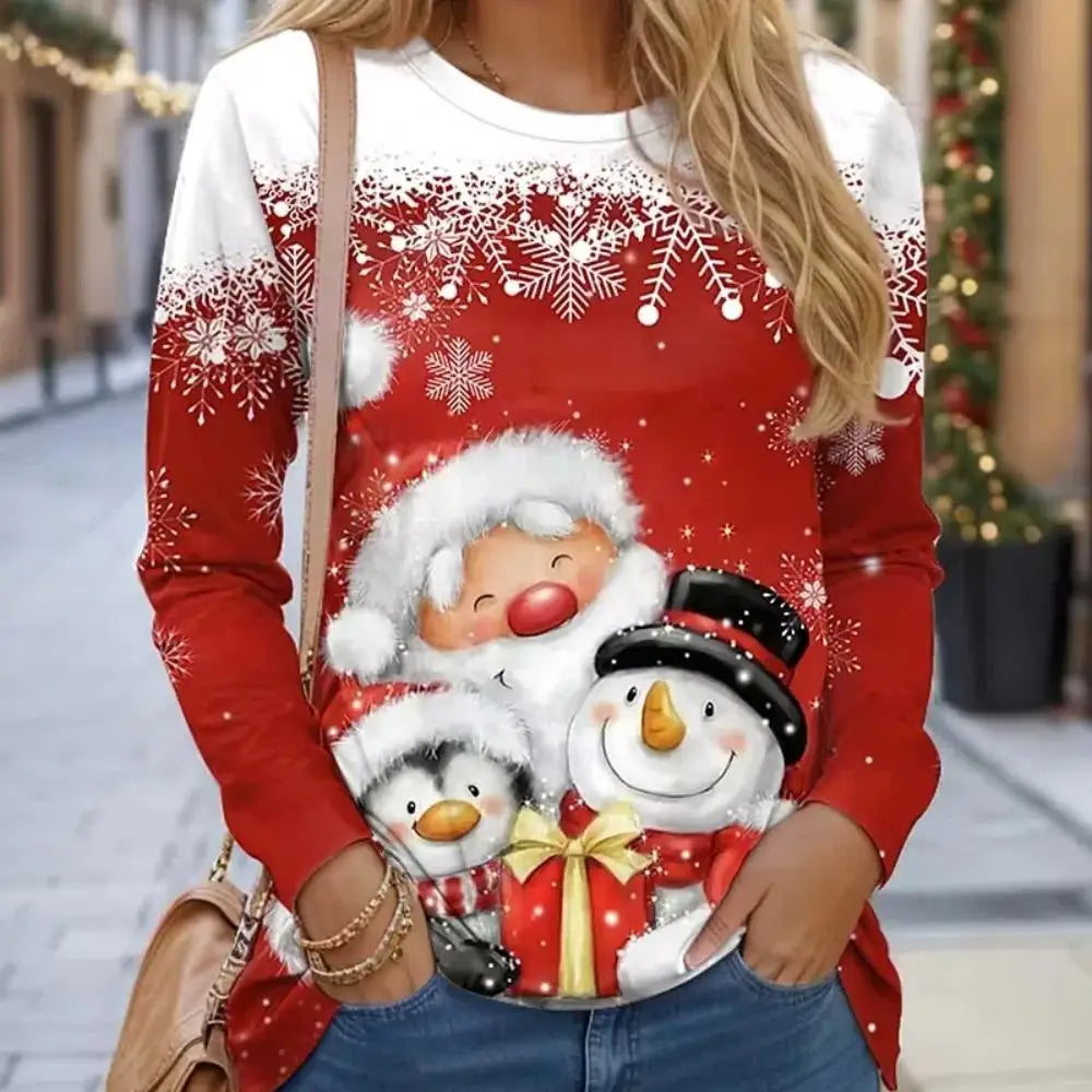 Women Sweatshirt Designer Round Neck Long Sleeve Fashion Casual Santa Claus Red New Year Graphic Print Tops Y2K Streetwear BAZAARHUBO
