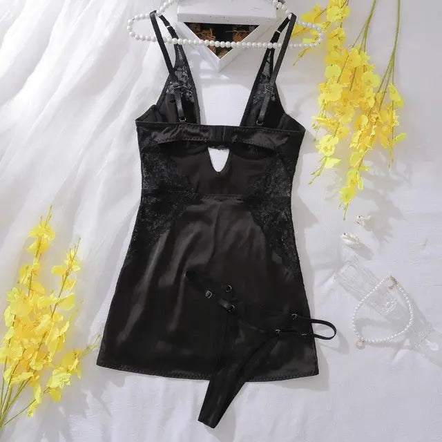 Sexy Deep-v Neck Satin Dress Sexy Lingerie Set For Women Lace Patchwork Split Sissy Night Dress Exotic Slip Dress Silk Nightwear