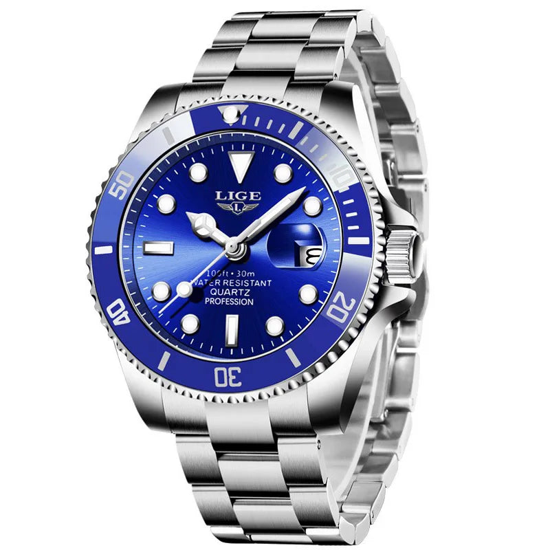 LIGE Top Original Men Quartz Watches Blue Waterproof Watch for Men Stainless Steel Quartz Men Luxury Watch Luminous Wristwatch
