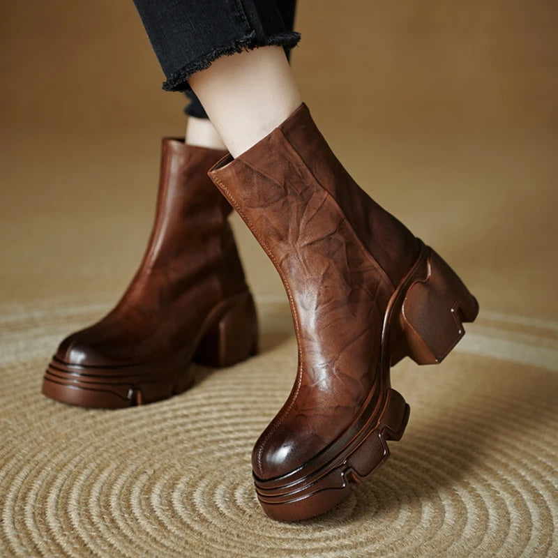 NEW Autumn Women Boots Genuine Leather Shoes for Women Round Toe Chunky Heel Shoes Concise Zip Platform Boots Soft Daily Shoes