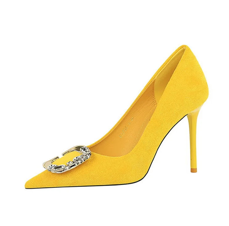 BIGTREE Shoes Metal Rhinestone Belt Buckle Women Pumps Suede High Heels Luxury Banquet Shoes Sexy Party Shoes Women Stilettos