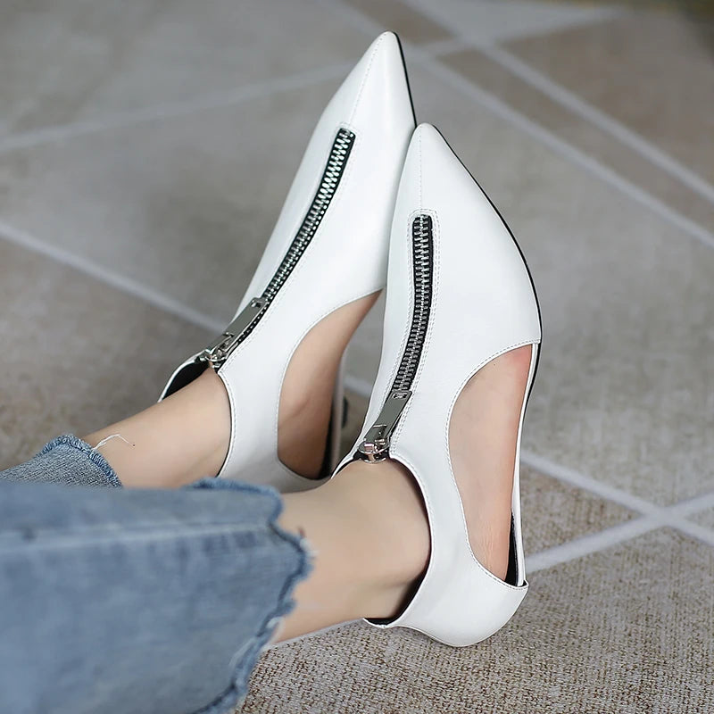 Original Design 2025 Spring Leather Women's Casual Black White Summer Boots Trendy Fashion Boots High Heels Zipper Shoes Woman