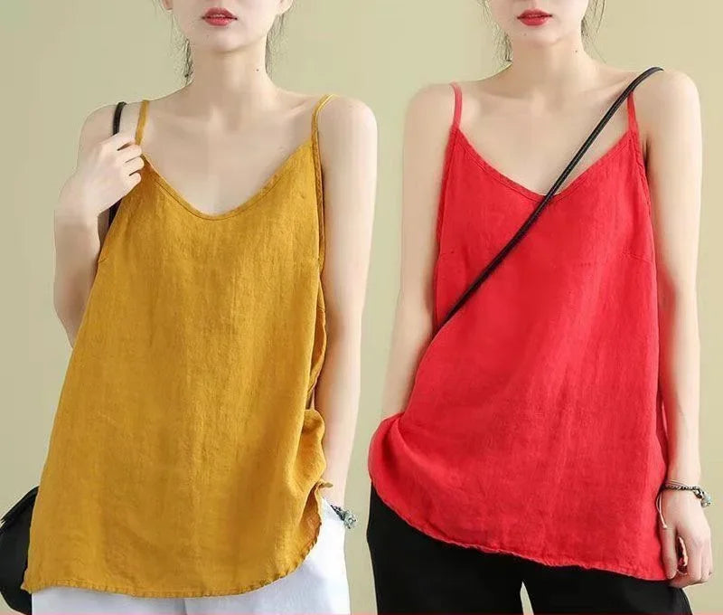 Women's Summer Top Cotton Linen Spaghetti Strap Top Women Halter V Neck Basic Yellow Sleeveless Tank Tops Loose Casual Camis