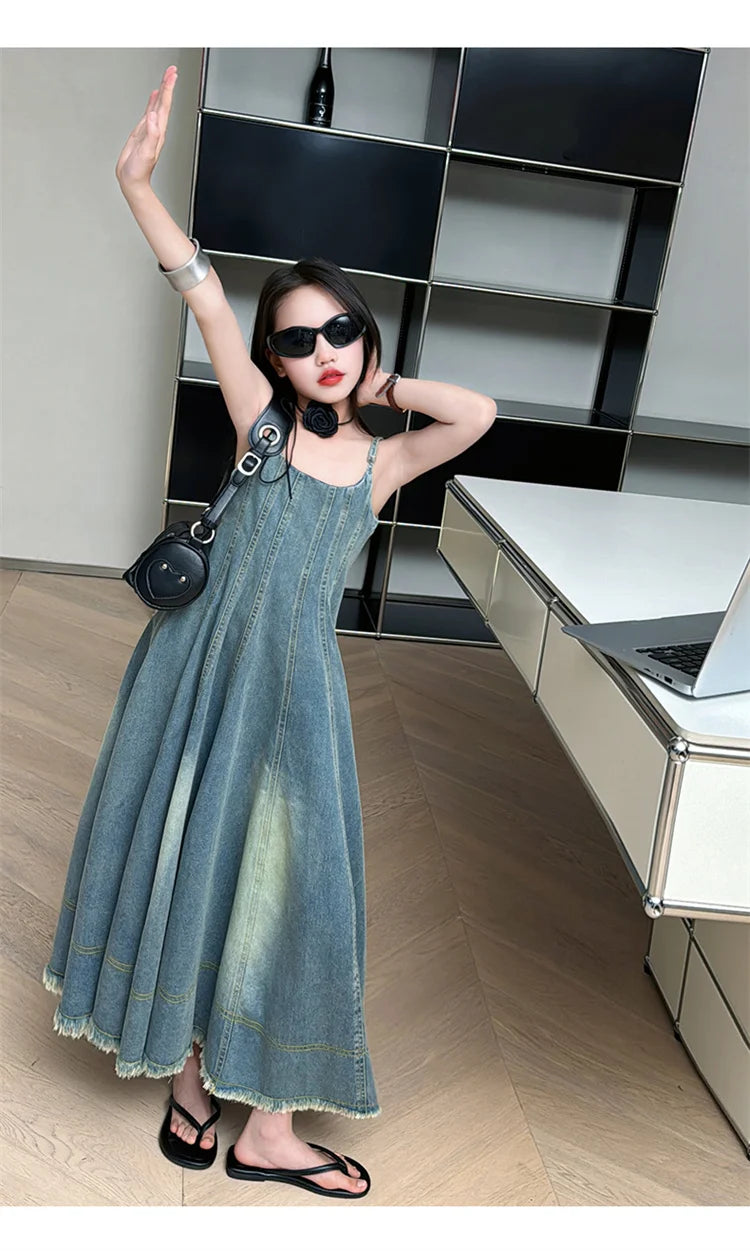Kids Luxury Clothing Summer Denim Dress with Straps for Teenage Girls High Fashion Streetwear Outfit Children Casual Jeans Dress