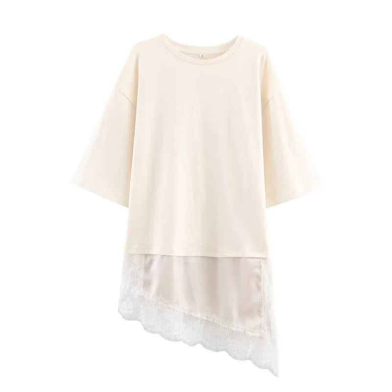 Women's Spring Summer Asymmetric Lace Trim Half Sleeve T-Shirt Back to School Casual Daily Wear Fashion Versatile Top 4 Colors