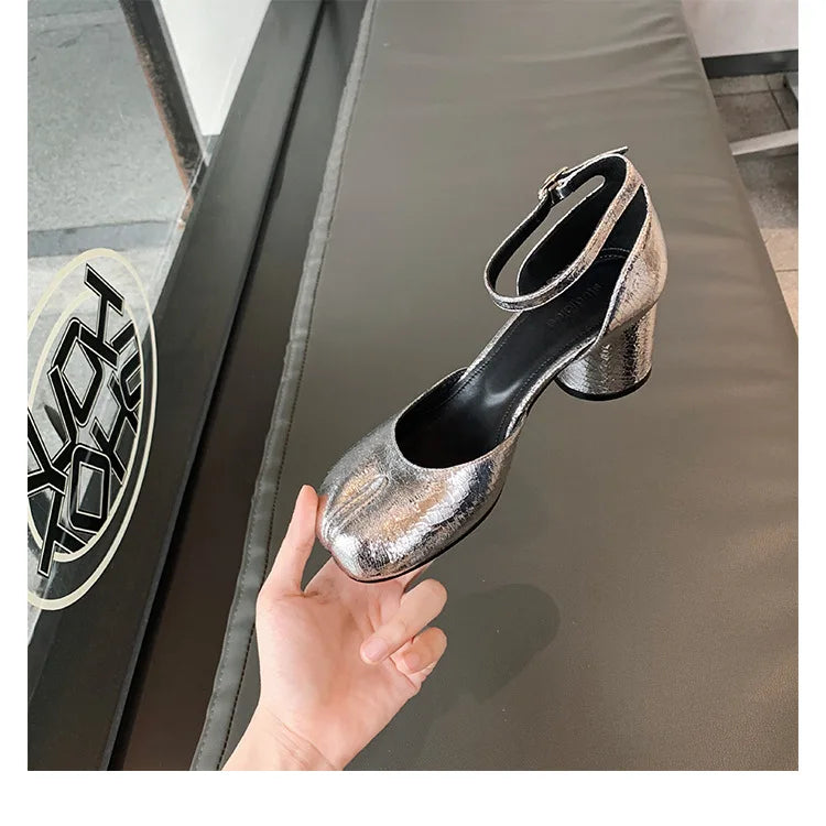 Brand Designer Tabi ninja high heels shoes woman ankle strap silver crack leather pumps split toe D'orsay mary janes shoes woman