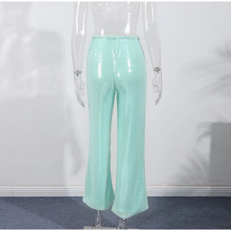 Women Sequin Pants Cinched Waist Glitter Baggy Straight Long Trousers