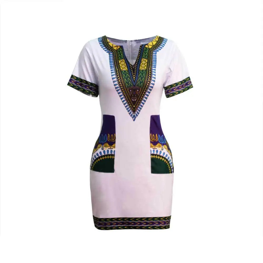 African Dresses for Women Summer 2022 Fashion Style African Women Short Sleeve V-neck Polyester Knee-length Dress