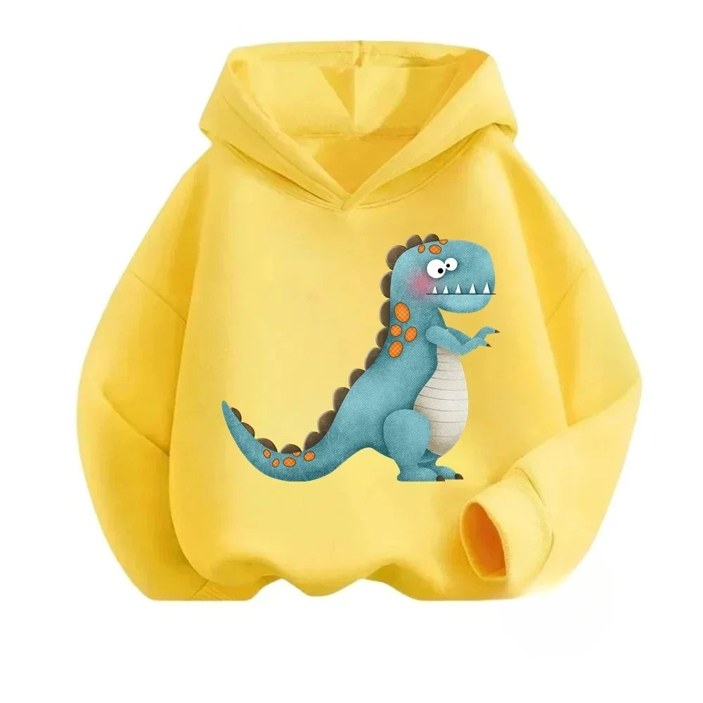New Cartoon Dinosaur Print Children's Hooded Sweatshirt Boy Girl Autumn Winter Daily Outdoor Casual Wear Loose Warm Sportswear BAZAARHUBO