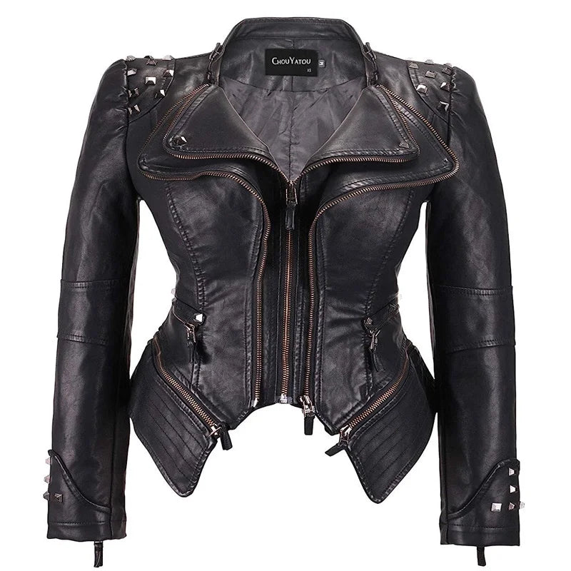 2025 Spring Women PU Leather Jacket With Suit Collar And Rivet Waist