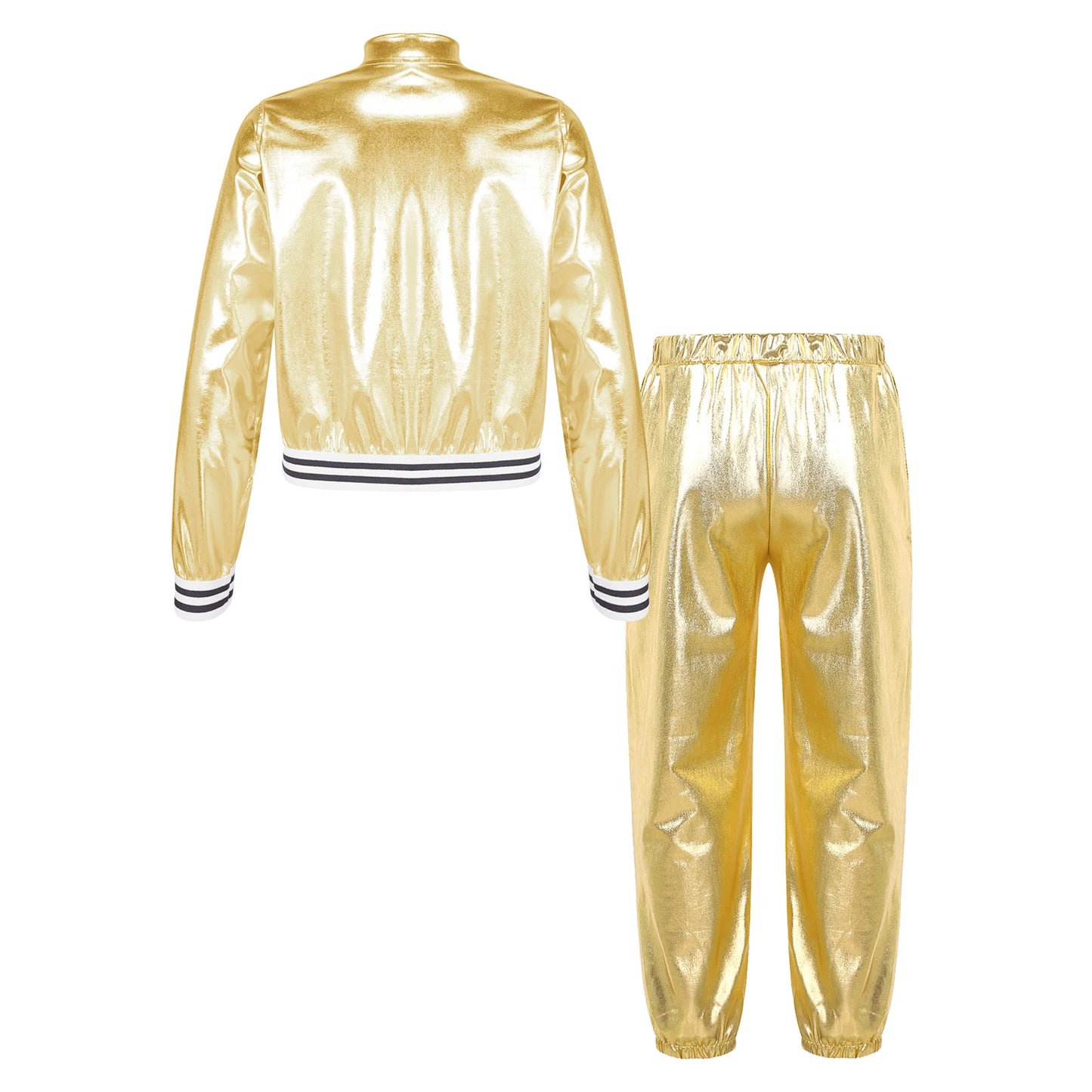 Kids Girls Sports Outfits Jazz Hip Hop Street Dance Costume Shiny Metallic Long Sleeves Bomber Jacket Coat with Pants Streetwear