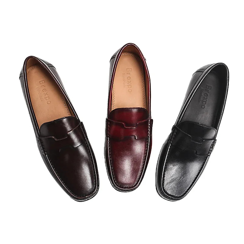 Men's High-End Genuine Leather Loafers Comfortable Flat Casual Glossy Wine Red Handmade Office Banquet Shoes