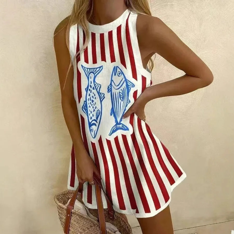 Printed Sleeveless Shirt Dress For Women Round Neck Spring Summer Loose Fit