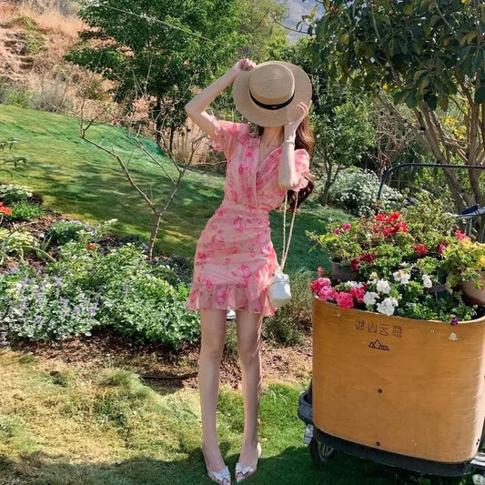 Women's Pink Floral Print Ruffled Wrap Dress