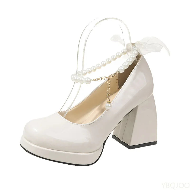Ladies' elegant high heels Chunky Platform High Heels Women Leather Ankle Buckle Mary Jane Shoes Woman Pearl Pumps Zapatos Mujer