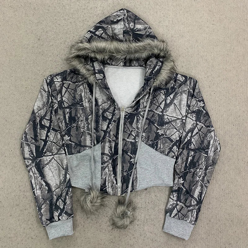 Winter Warm Gothic Print Hoodie Women's Clothin Faux Fur Crop Top Zip-Up Sweatshirt Fashion Y2K Streetwear Hooded Jacket 2026New