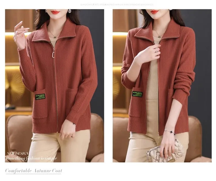 Knitted Cardigan Jacket Women Zipper Lapel Sweater Autumn Winter Outerwear