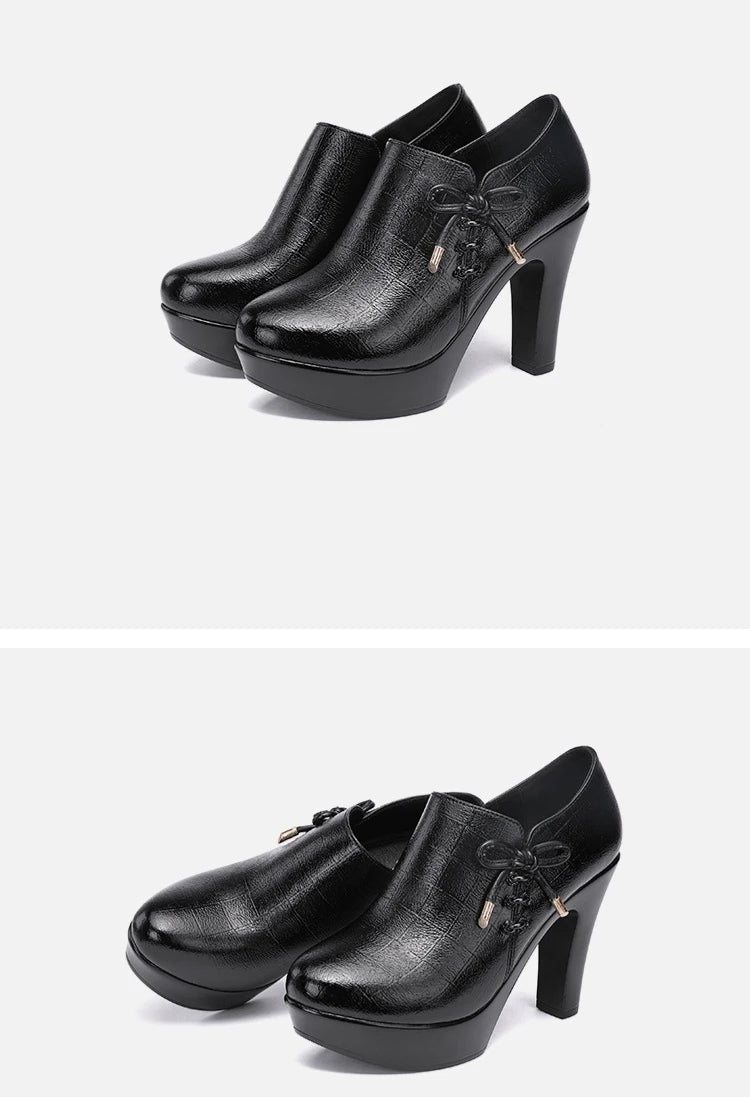 10cm Small Size 32-43 Elegant Black Bow Deep Mouth Thick Bottom Platform Pumps 2026 Winter Block High Heels Shoes Office Model