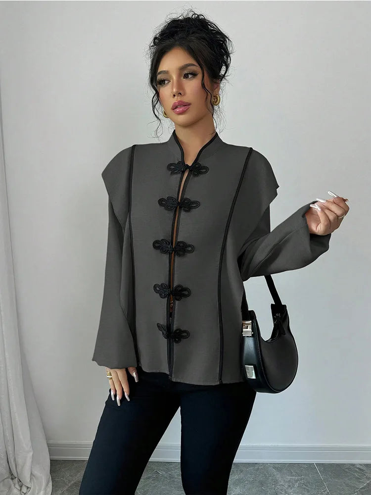 fashion Europe America Features Chinese Knot Design Long-sleeved Ethnic Style Which Casual The New Cross-border Women Shirt