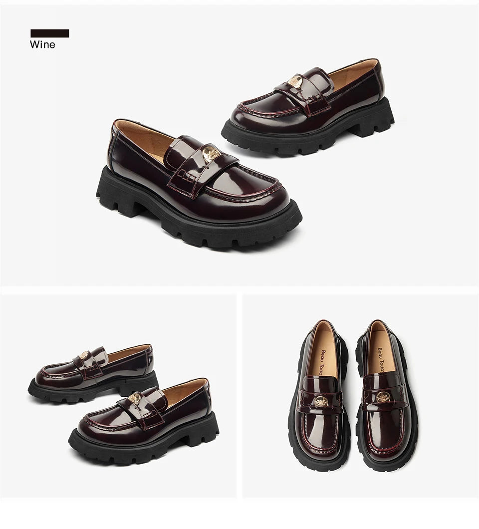 BEAUTODAY Penny Loafers Women Genuine Leather Moccasin Square Toe Metal Buckle Laides Platform Shoes Handmade 26424