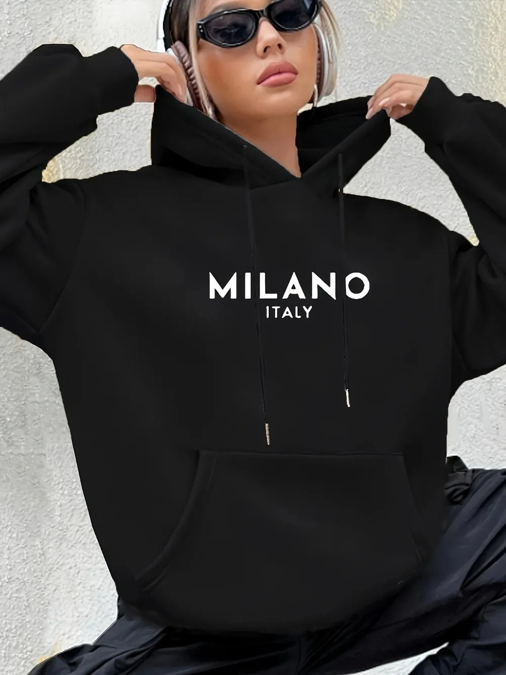 Milano Italy Polyester Hoodie for Women Knit Fabric Alphabet Print Casual Long Sleeve Sweatshirt Fashion Sweatshirts Harajuku