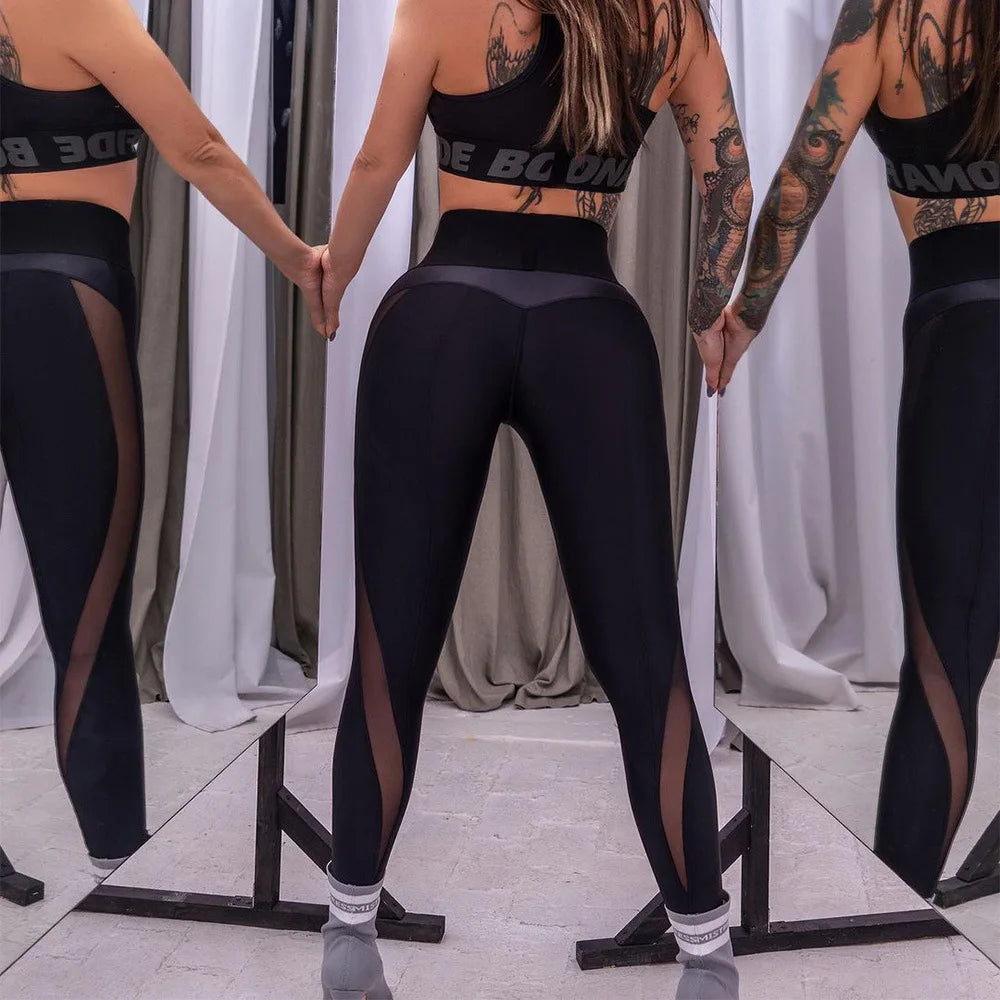 Women Open Crotch Leggings Sexy Summer Push Up Fitness Patchwork Breathable Gym Pants Leather Crotchless Panties Clubwear