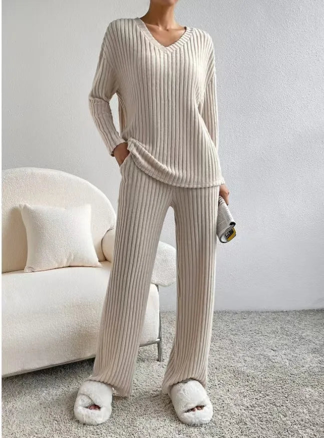 Fashionable Knitted Two-Piece Set Casual V-Neck Long Pants Autumn Winter New Style Loose Fit Korean Style Comfortable Polyester