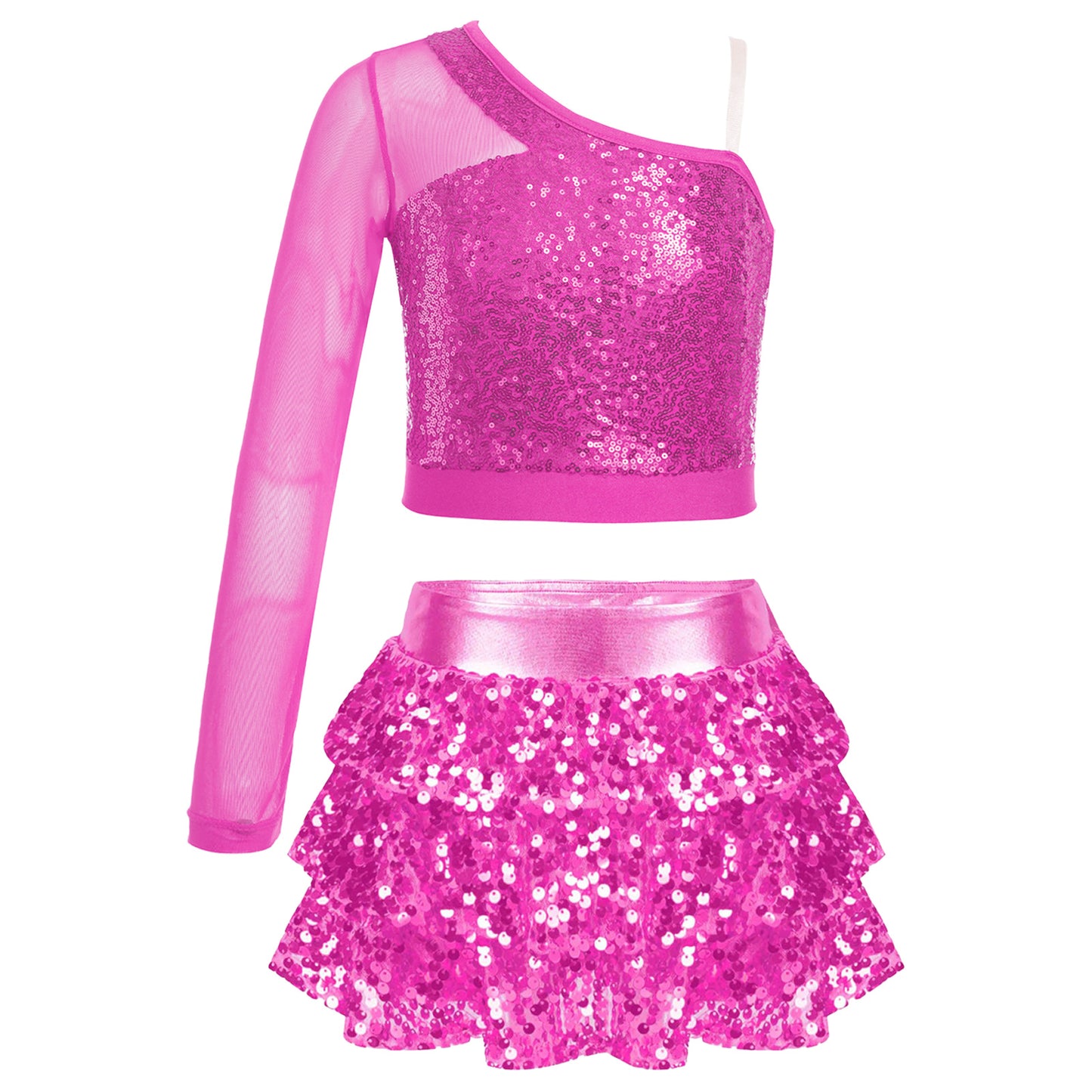 Kids Girls Dance Dresses Latin Jazz Modern Dance Show Costume Sequin Long Sleeve Crop Tops and Skirted Culottes Cheer Dancewear