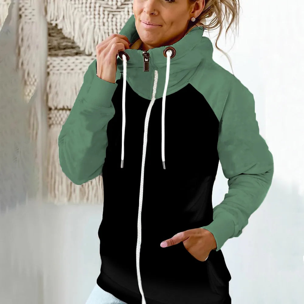 2025 Autumn Winter Women's High-neck Sweatshirt Casual Pocket Pile Collar Fleece Zipper Cardigan Color-blocking Velvet Coat