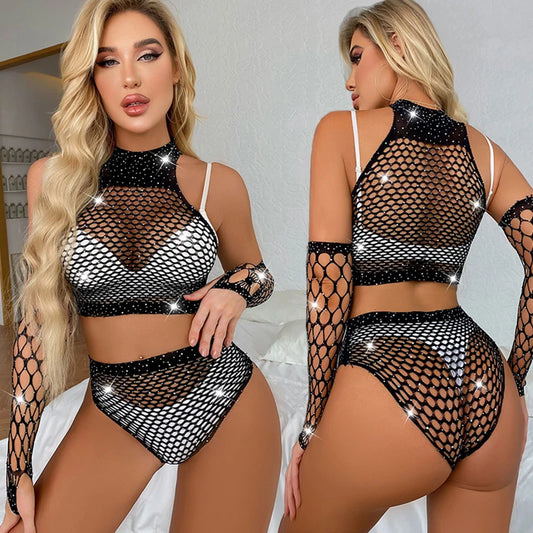 Three-piece Sexy Fishnet Lingerie Sets For Women Gloves Hot Stamping Diamonds Bra & Brief Sets Body Outfits Teddy Underwear Set
