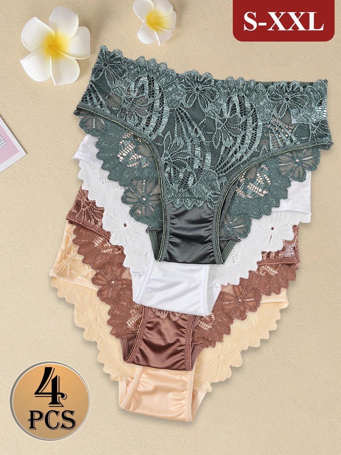 4PCS Elegant Women's Underwear Satin Panties Solid Color Lace Flower Lingerie Sexy Female Intimate Lingerie Everyday