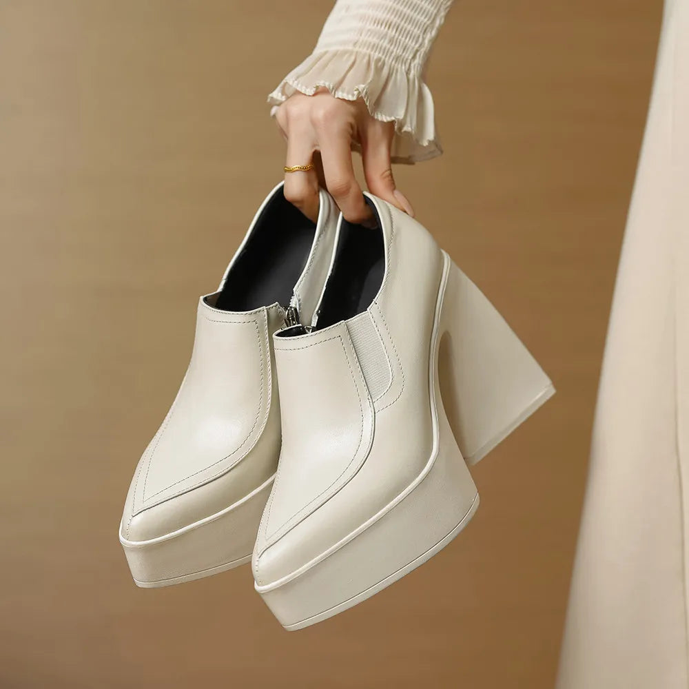 Aucegi New Spring Autumn Women Genuine Leather Pumps Classic Style Pointed Toe Platform Chunky Heel Retro Zipper Handmade Shoes