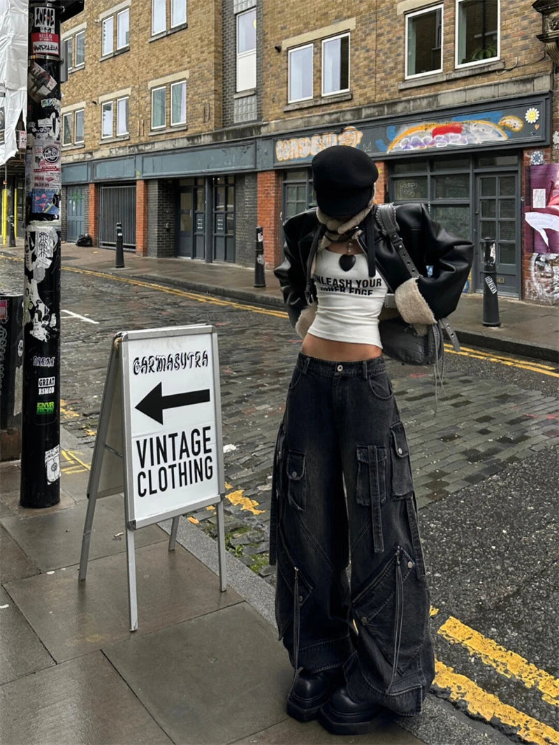 Women Black Gothic Baggy Cargo Jeans Harajuku Oversize Denim Trousers Y2K