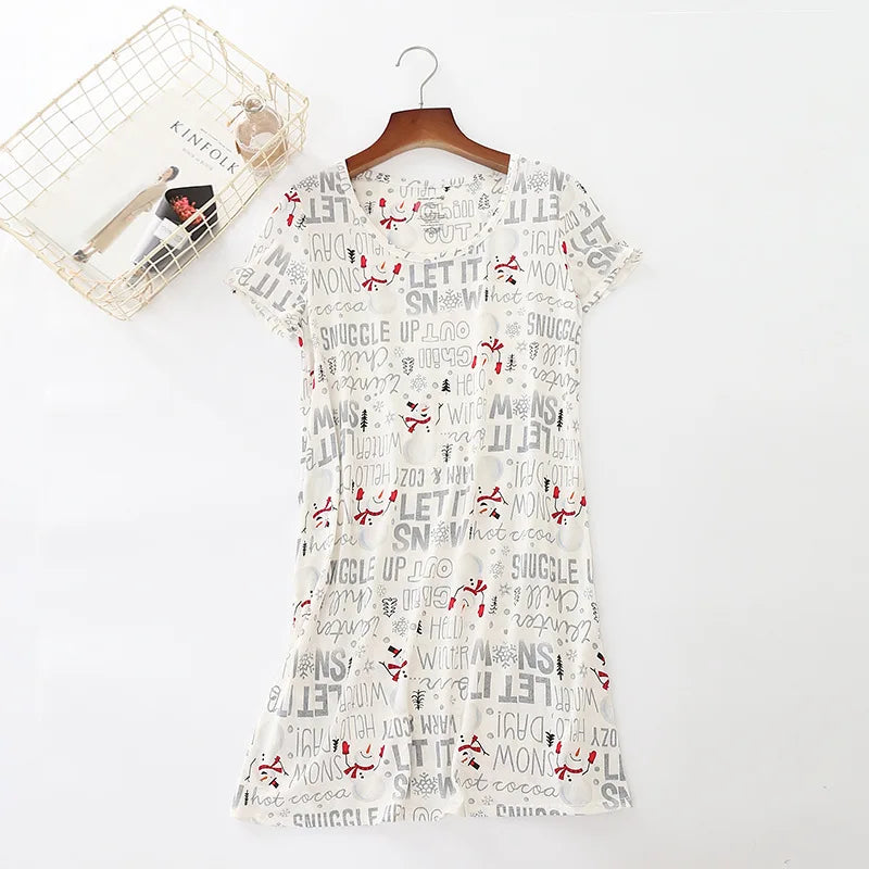 Summer Women Casual Cartoon Sleep Dress 100% Cotton Nightgown Plus Size Dresses Women Chemise de nuit Short Sleeve Home Dress