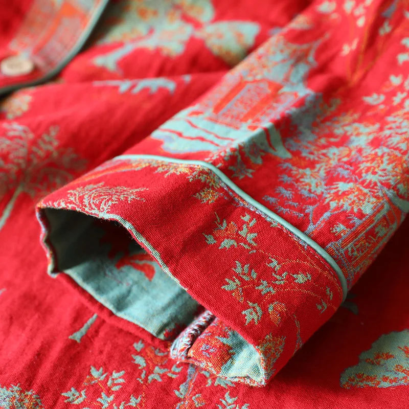 Cotton Jacquard Women's Pajamas Set for Spring and Autumn Retro Color Woven Home Clothes Long Sleeved Pyjamas Women